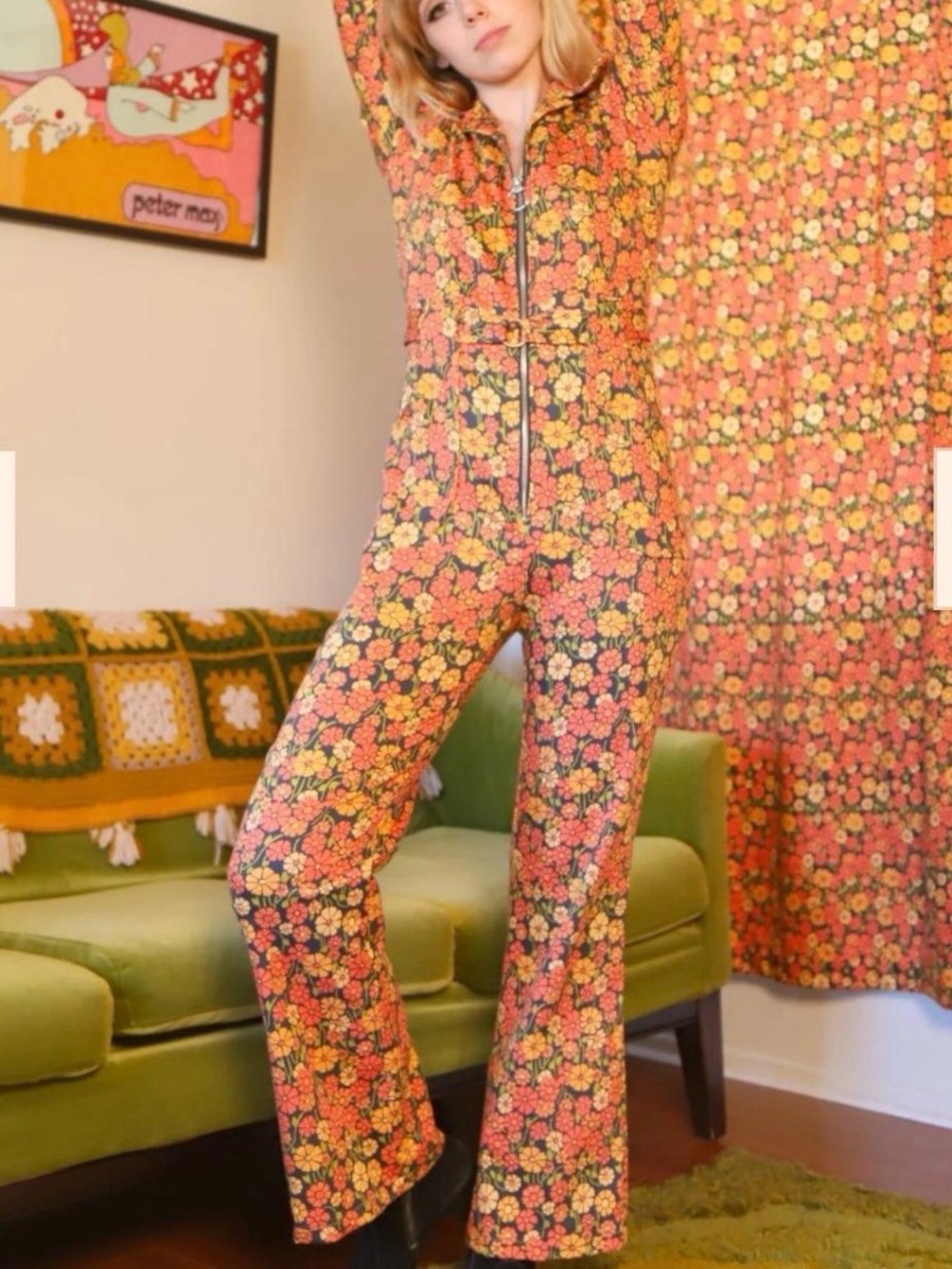 Floral Zip-Front Women's Jumpsuit in Orange and Yellow